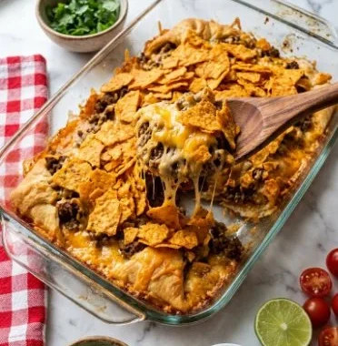 Baked Taco Casserole topped with Doritos, served in a colorful dish.