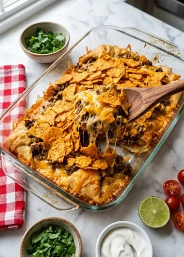 Baked Taco Casserole topped with Doritos, served in a colorful dish.