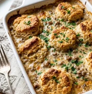 Biscuits and Gravy Casserole 2 Delicious biscuits and gravy casserole baked to perfection