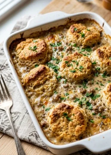 Delicious biscuits and gravy casserole baked to perfection