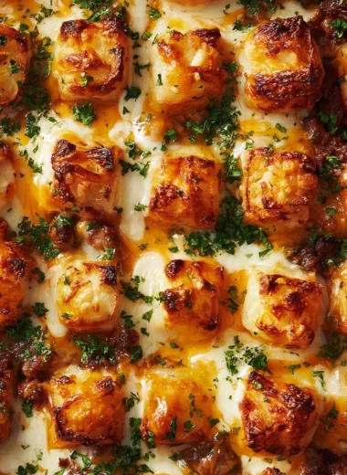 Cheeseburger Tater Tot Casserole topped with golden tater tots and cheese