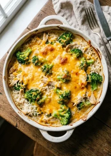 Cheesy Broccoli Chicken and Rice Casserole in a baking dish