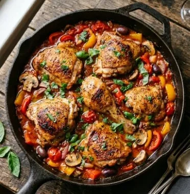 Chicken Cacciatore translates to Hunter's Chicken in English. 2 Delicious Chicken Cacciatore served with herbs and tomatoes in a rustic kitchen setting.