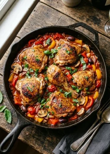 Delicious Chicken Cacciatore served with herbs and tomatoes in a rustic kitchen setting.
