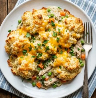 Savory chicken casserole dish baked to perfection with vegetables and cheese.
