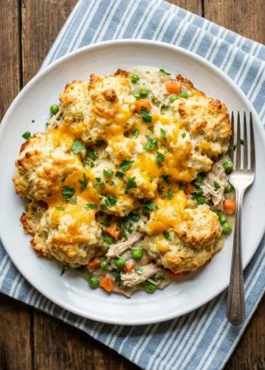 Savory chicken casserole dish baked to perfection with vegetables and cheese.