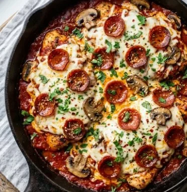 Delicious Chicken Pizzaiola served with hearty tomato sauce and fresh herbs.