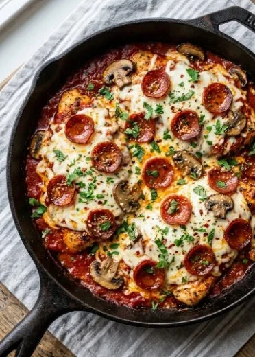 Delicious Chicken Pizzaiola served with hearty tomato sauce and fresh herbs.