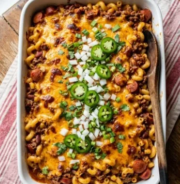 Chili Dog Mac & Cheese (From A Box) 2 Chili Dog Mac & Cheese in a bowl, featuring cheese, hot dogs, and chili.