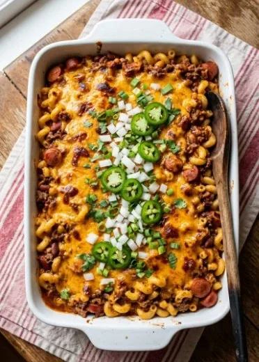 Chili Dog Mac & Cheese in a bowl, featuring cheese, hot dogs, and chili.