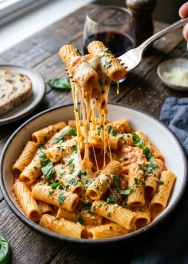 Creamy tomato garlic pasta with tomato paste served in a bowl