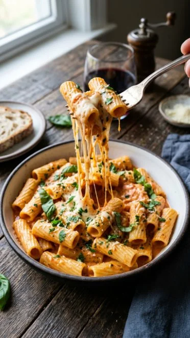 Creamy tomato garlic pasta with tomato paste served in a bowl