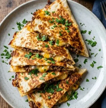 Delicious easy cheesy ground beef quesadillas served on a plate