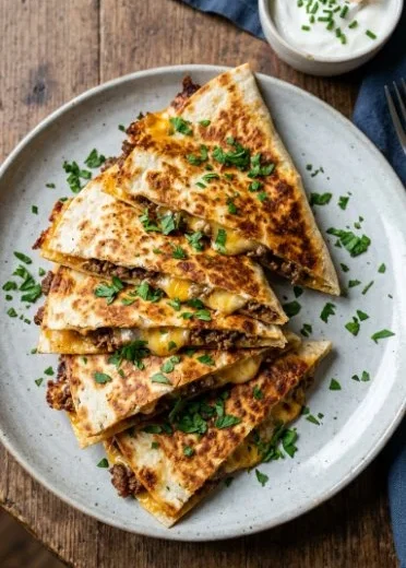 Delicious easy cheesy ground beef quesadillas served on a plate