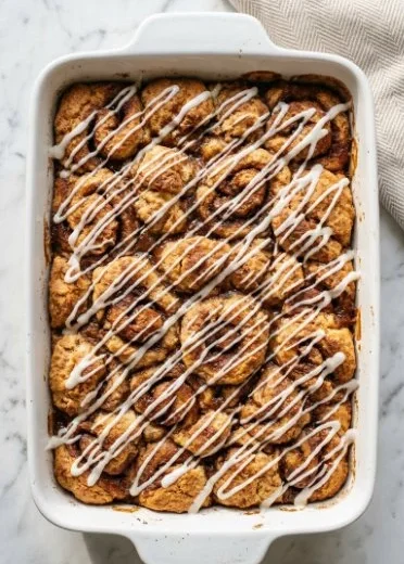 Delicious easy cinnamon roll casserole fresh out of the oven
