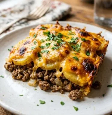 Delicious Hobo Casserole made with ground beef, vegetables, and seasoning.