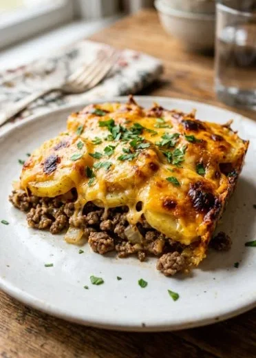 Delicious Hobo Casserole made with ground beef, vegetables, and seasoning.