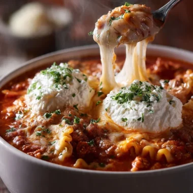 A bowl of delicious Lasagna Soup topped with cheese and herbs.