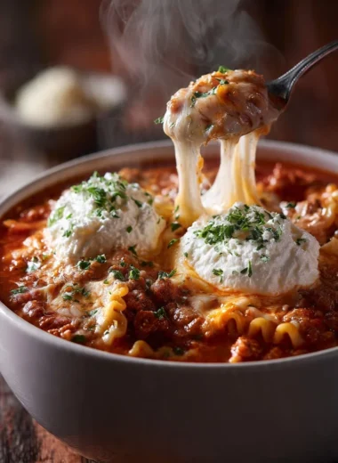 A bowl of delicious Lasagna Soup topped with cheese and herbs.