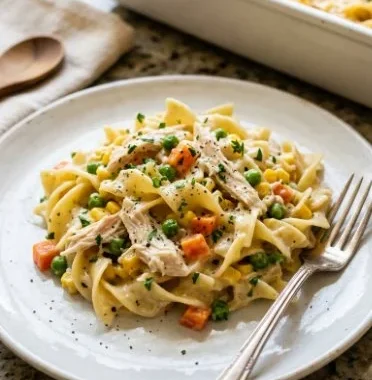 Delicious Noodle Chicken Pot Pie Casserole topped with golden crust