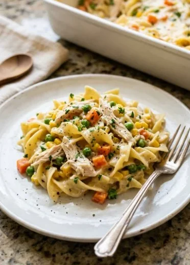 Delicious Noodle Chicken Pot Pie Casserole topped with golden crust