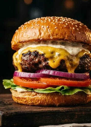 A perfectly cooked burger served with fresh toppings and a brioche bun.
