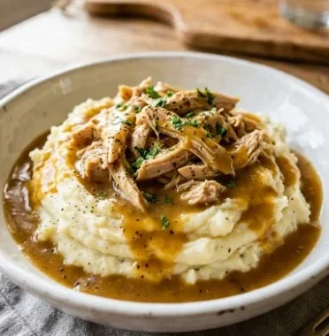 Slow Cooker Chicken Gravy: Easy Comfort Food 1 Delicious slow cooker chicken gravy served over mashed potatoes.