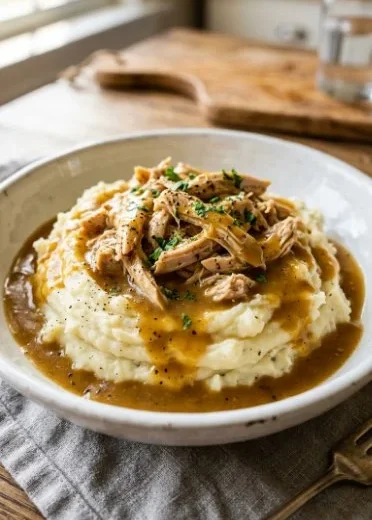 Delicious slow cooker chicken gravy served over mashed potatoes.