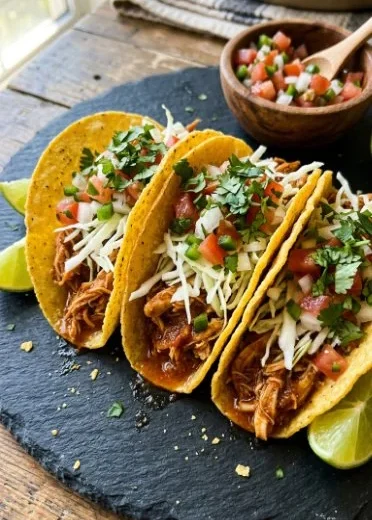 Slow cooker chicken tacos topped with fresh cilantro and lime