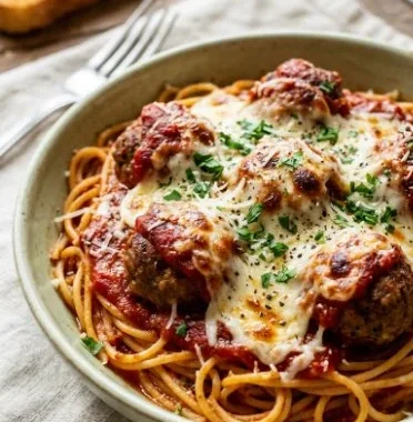 Spaghetti and meatball casserole in a baking dish, topped with cheese and herbs.