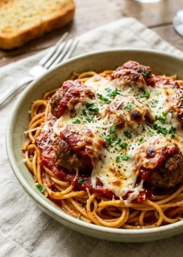 Spaghetti and meatball casserole in a baking dish, topped with cheese and herbs.