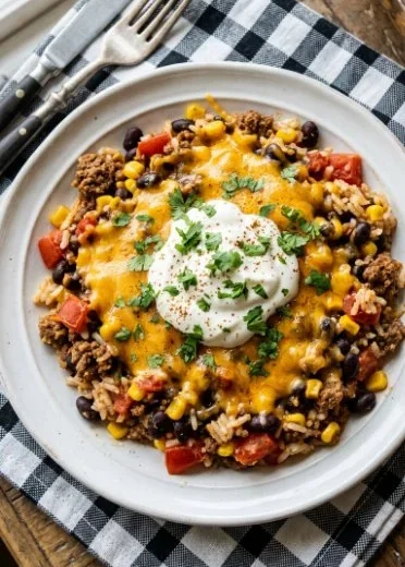 Delicious Taco Rice Casserole served in a dish
