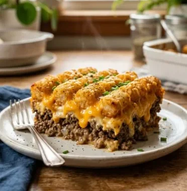 Delicious Tater Tot Casserole with Ground Beef topped with melted cheese.