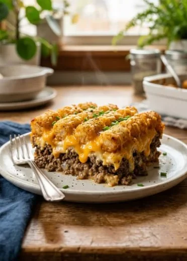Delicious Tater Tot Casserole with Ground Beef topped with melted cheese.