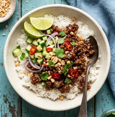 Thai Sweet Chilli Beef Bowl garnished with fresh vegetables