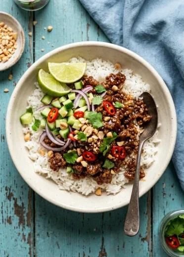 Thai Sweet Chilli Beef Bowl garnished with fresh vegetables