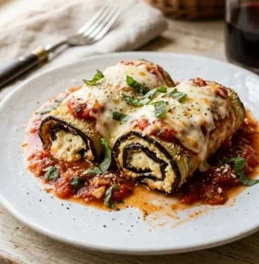 Air Fried Eggplant Rollatini served on a plate with fresh basil garnish