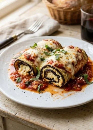 Air Fried Eggplant Rollatini served on a plate with fresh basil garnish