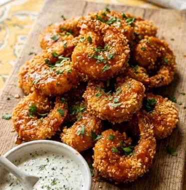 Air Fryer Buffalo Shrimp 2 Crispy Air Fryer Buffalo Shrimp served with dipping sauce
