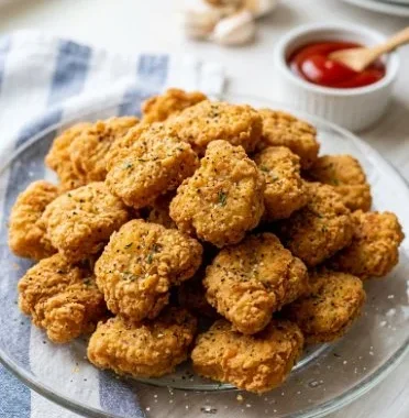 Air Fryer Homemade Chicken Nuggets 2 Homemade air fryer chicken nuggets on a plate with dipping sauce