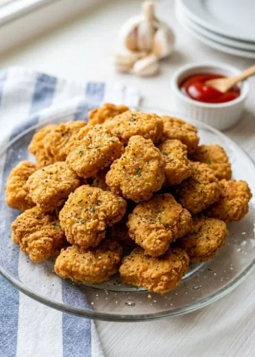 Homemade air fryer chicken nuggets on a plate with dipping sauce