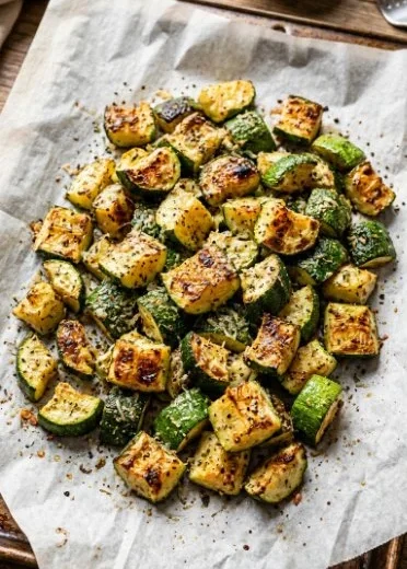 Crispy air fryer zucchini slices served on a plate