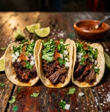 Plate of authentic beef tacos topped with fresh ingredients