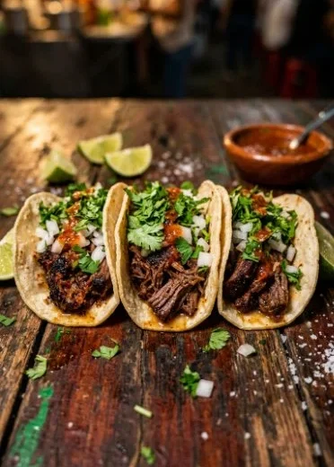 Plate of authentic beef tacos topped with fresh ingredients
