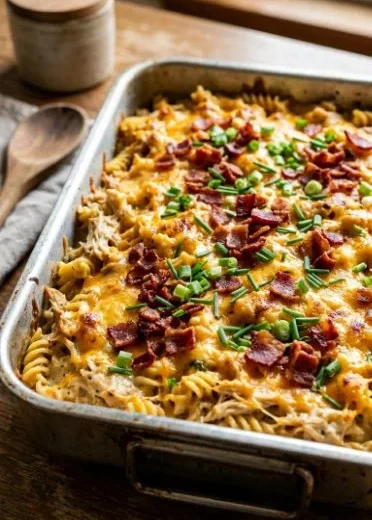 Baked Ranch Chicken Casserole served on a plate with herbs