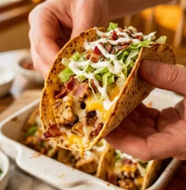 Baked Chicken Bacon Ranch Tacos 1 Baked chicken bacon ranch tacos served on a plate with toppings