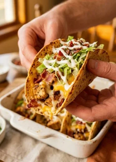 Baked chicken bacon ranch tacos served on a plate with toppings
