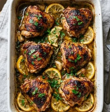 Baked lemon chicken thighs served with herbs and lemon slices