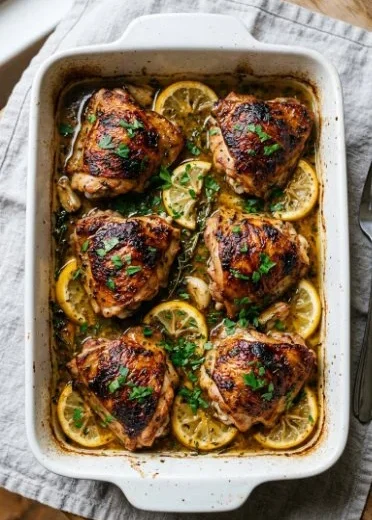Baked lemon chicken thighs served with herbs and lemon slices