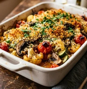 Baked Vegetable Casserole 2 Baked vegetable casserole with colorful veggies and cheesy topping